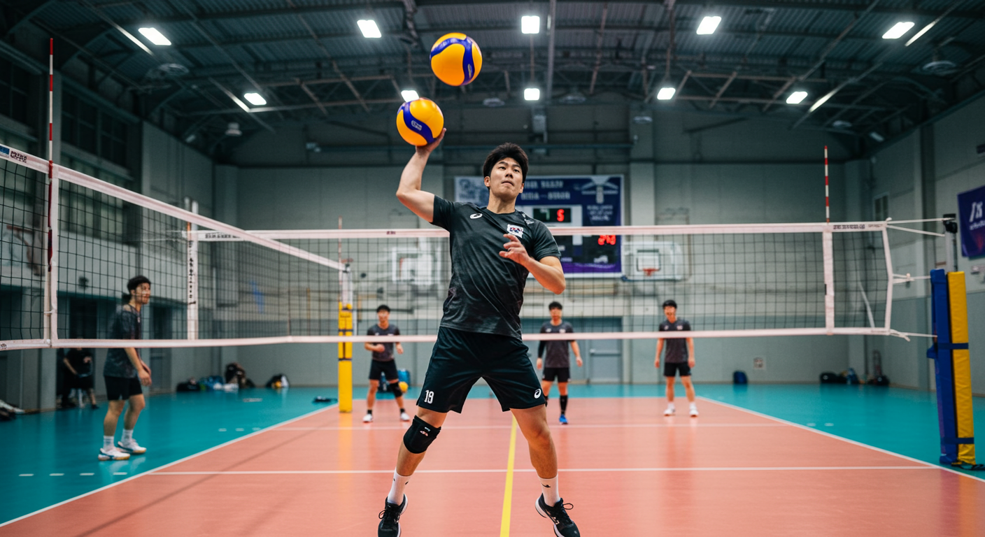 훈련 중 고속 토스를 보여주는 여자 배구 선수의 역동적인 모습