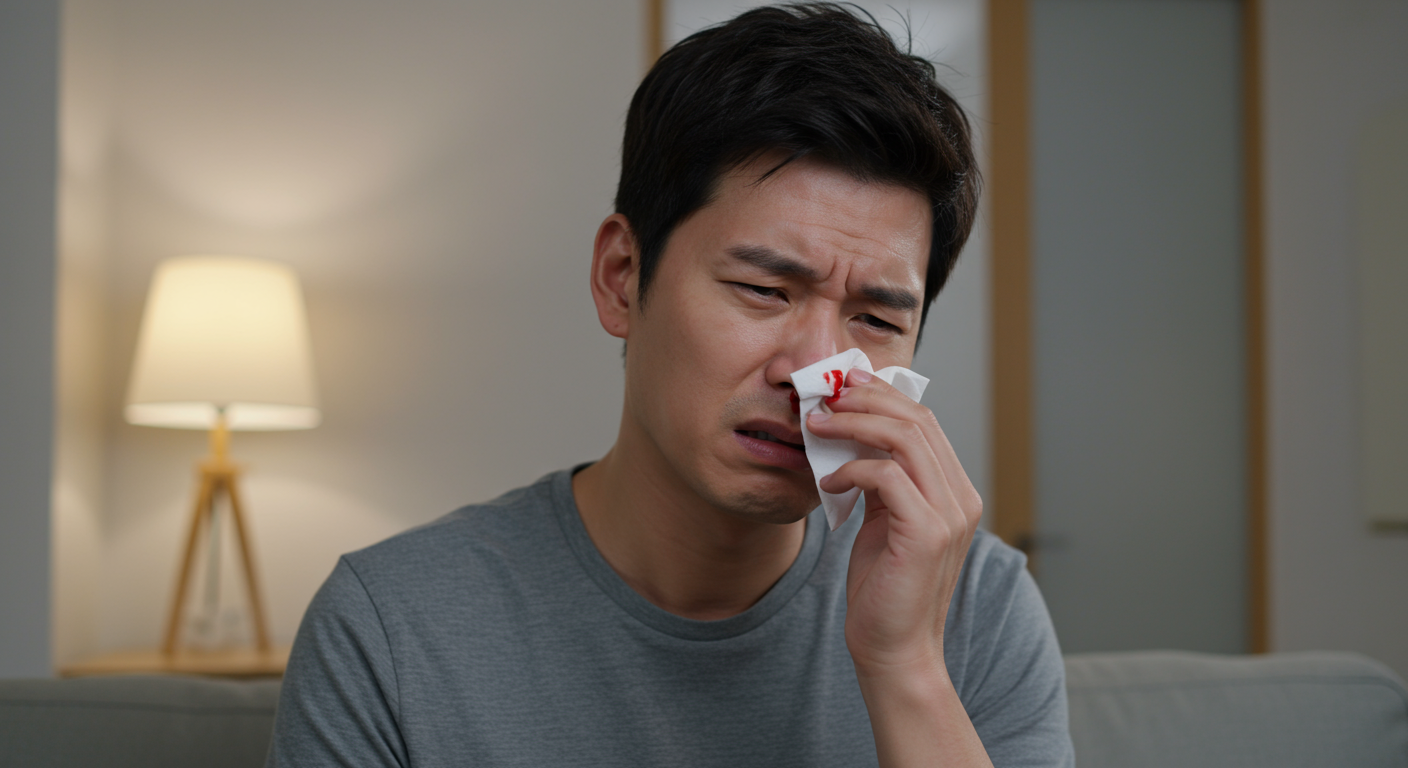 실내에서 귀가 먹먹하고 코피가 나는 남성이 걱정스러운 표정을 짓고 있는 모습