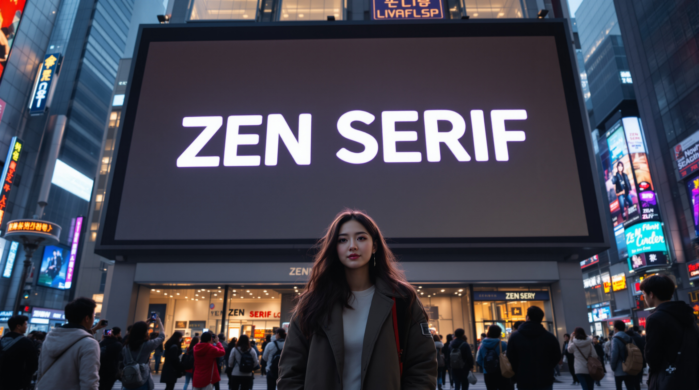 서울 도심에서 ZEN SERIF 폰트를 배경으로 포즈를 취하는 제니와 팬들