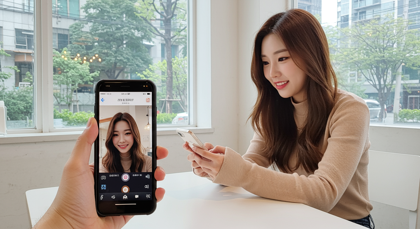 서울 카페에서 인스타그램 Edits 앱으로 ZEN SERIF를 사용하는 젊은 인플루언서