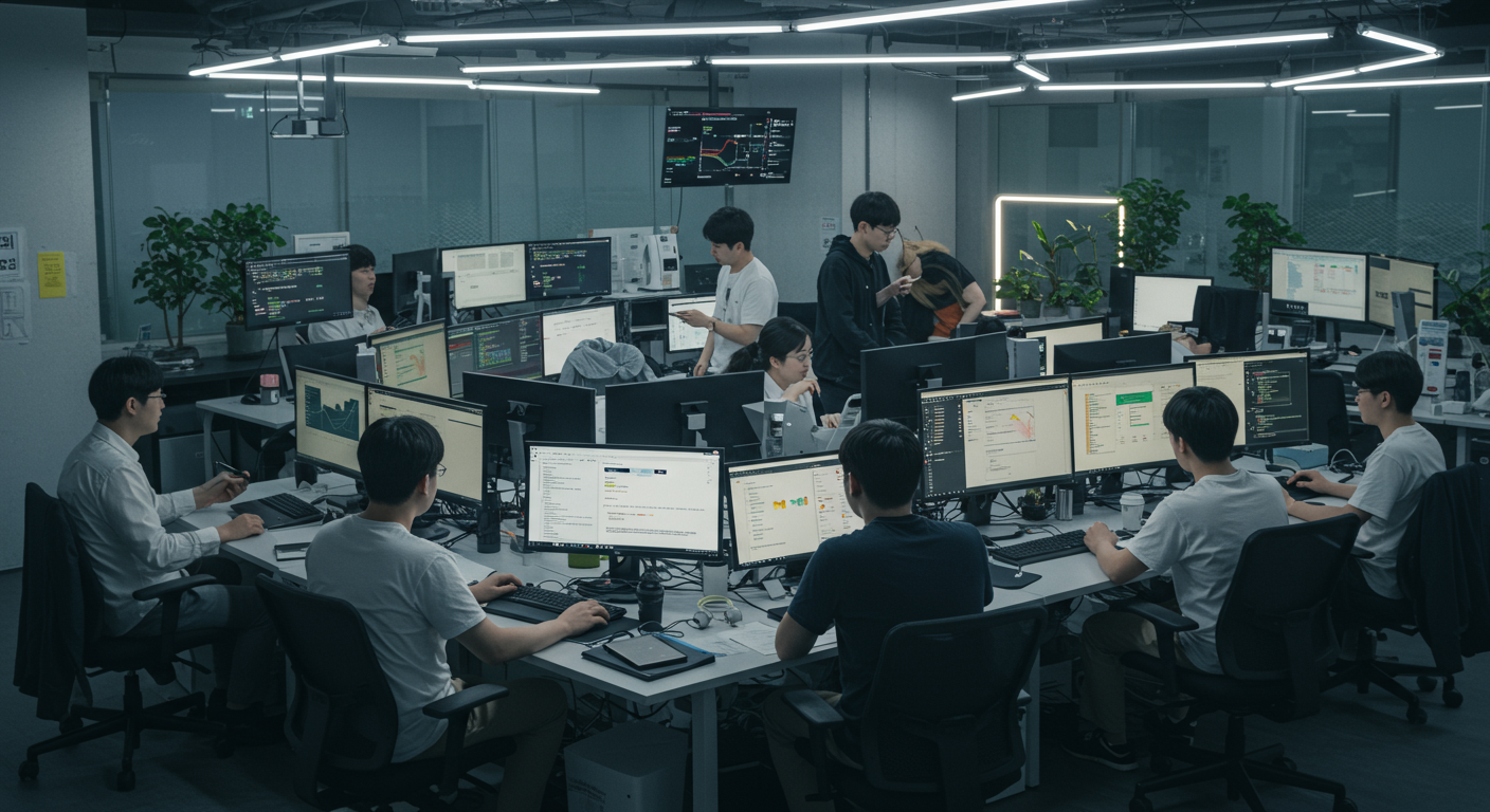 IT 회사에서 현대적인 오피스 환경 속에 활발히 소통하는 한국 직장인의 모습