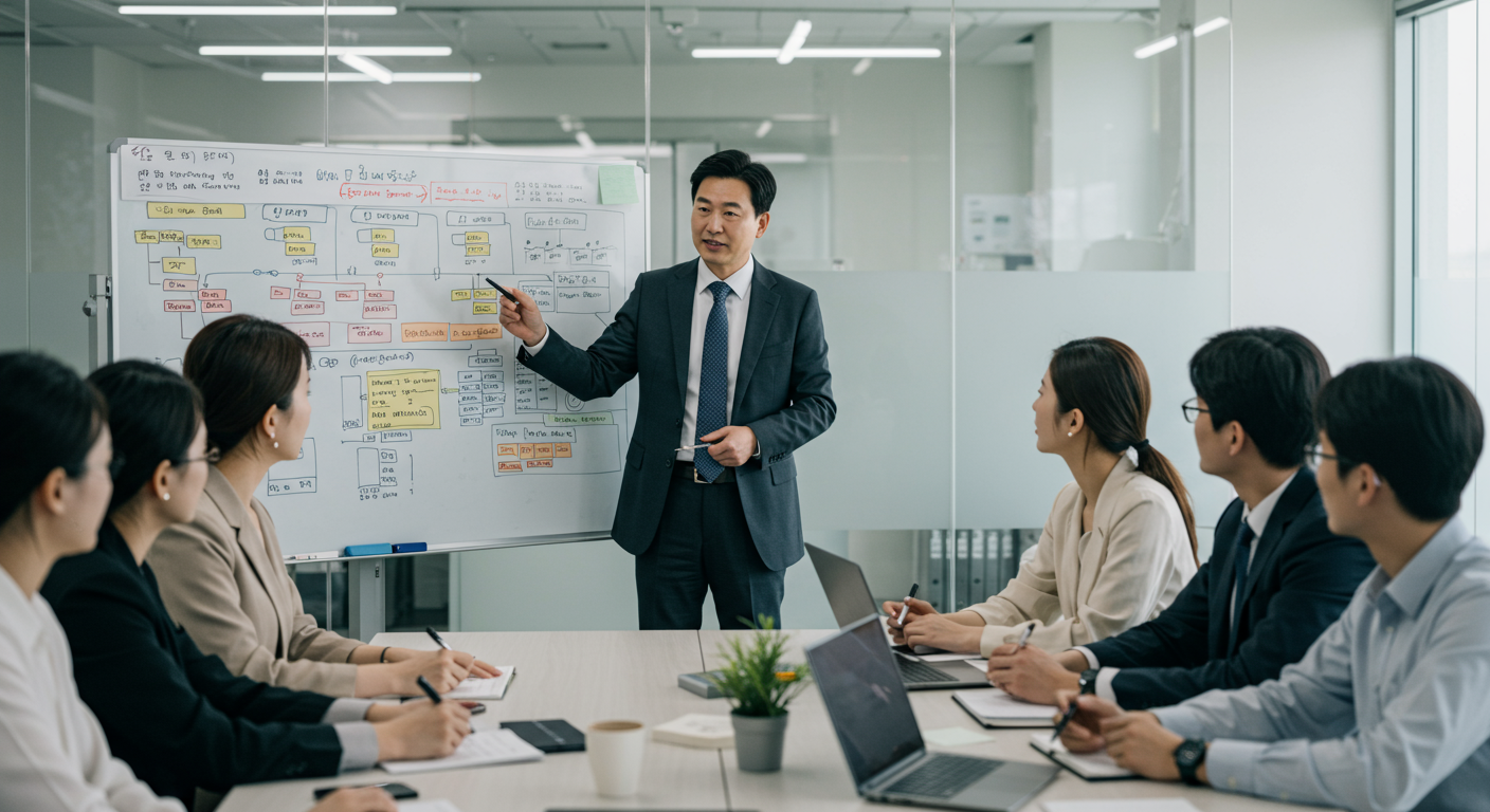 프로젝트 매니저가 팀원들에게 과제를 배정하는 회의 장면