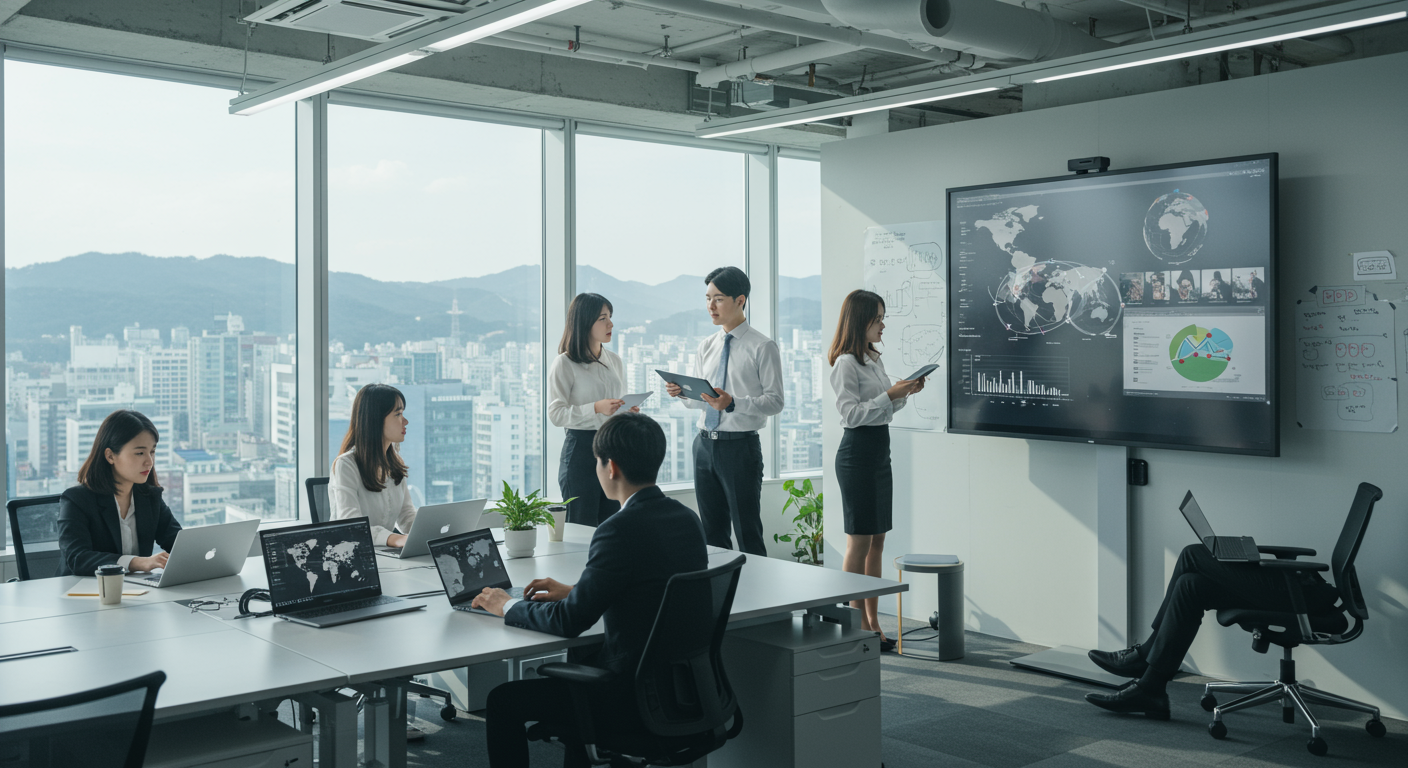강남 소재의 현대적 오피스에서 젊은 전문가들이 글로벌 프로젝트에 협업하는 장면