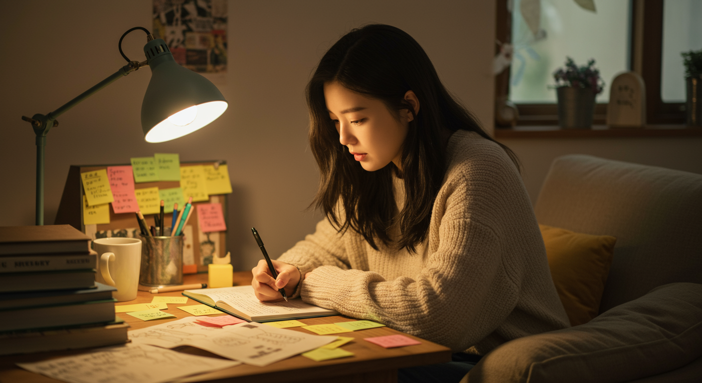 집에서 창의적인 농담을 생각하며 메모를 하는 젊은 여성