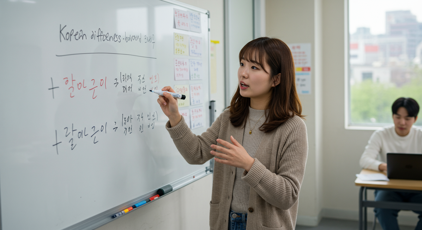 한국어 선생님이 교실에서 '어떻게'와 '어떡해'의 차이를 설명하는 모습