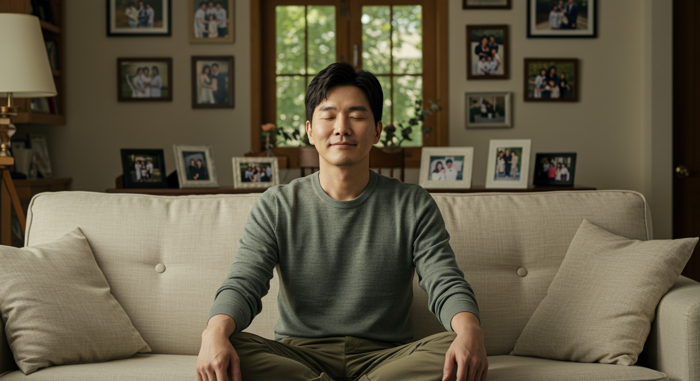 거실 소파에 앉아 명상하는 듯한 평온한 표정의 남성