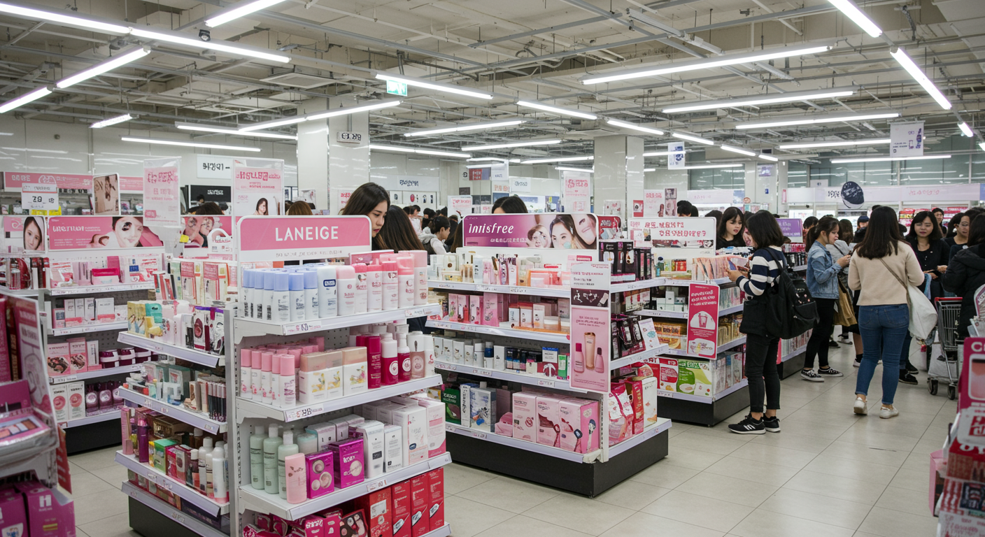 군 마트에서 다양한 K-뷰티 브랜드 화장품을 쇼핑하는 소비자들의 모습