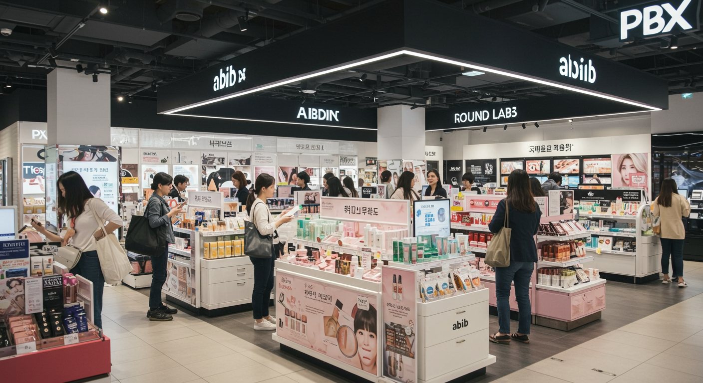 군 마트에서 새롭게 입점한 Abib와 라운드랩 제품을 둘러보는 쇼핑객들