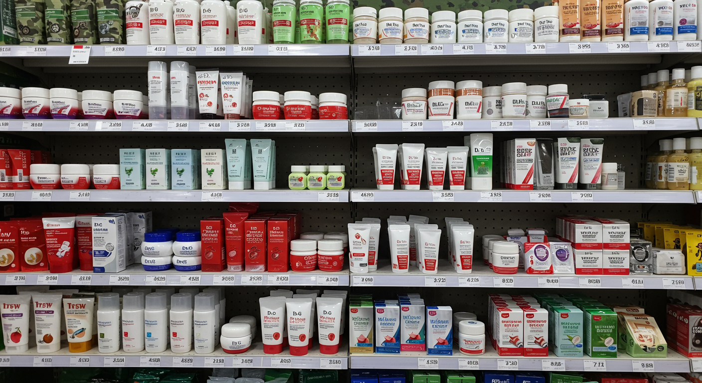 군 마트에 진열된 닥터지 레드 블레미쉬 클리어 크림 등 필수 스킨케어 제품들