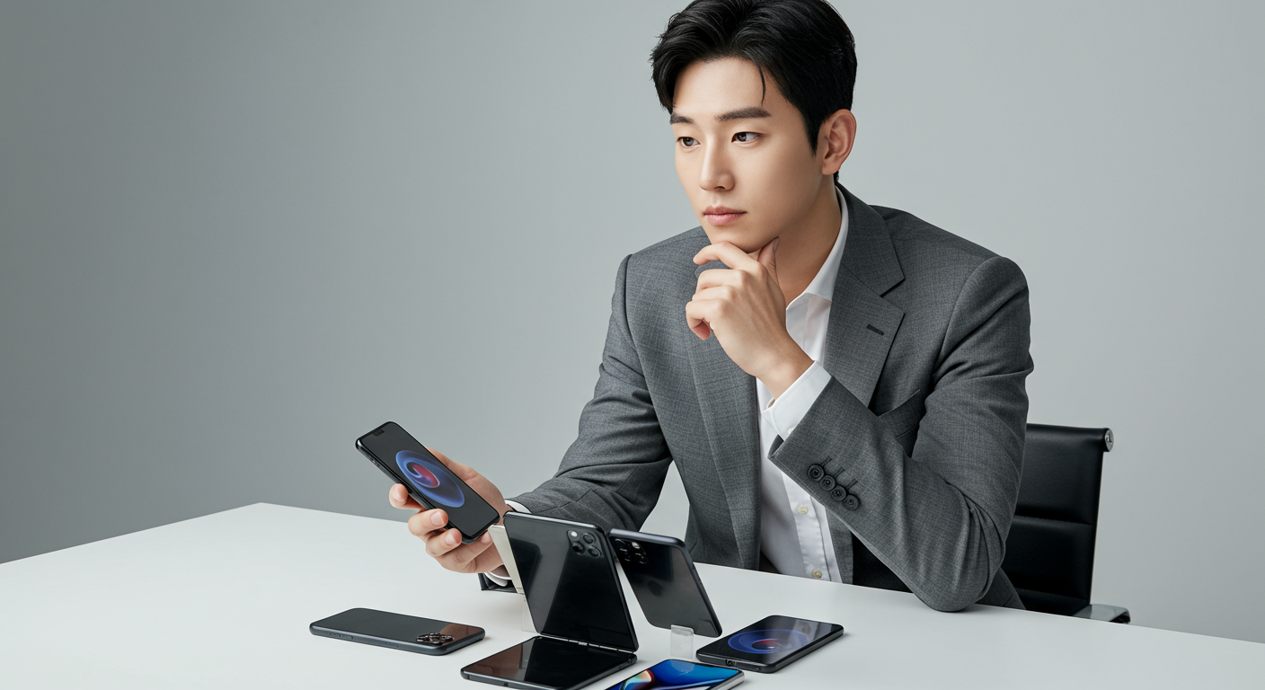 젊은 직장인이 여러 스마트폰 모델을 보며 고민하는 모습