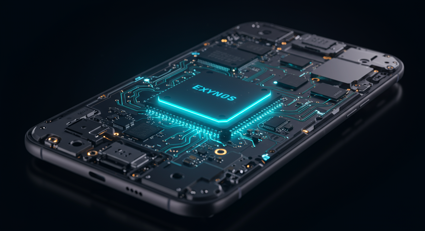미래형 스마트폰 내부에 장착된 엑시노스 칩셋의 클로즈업 이미지