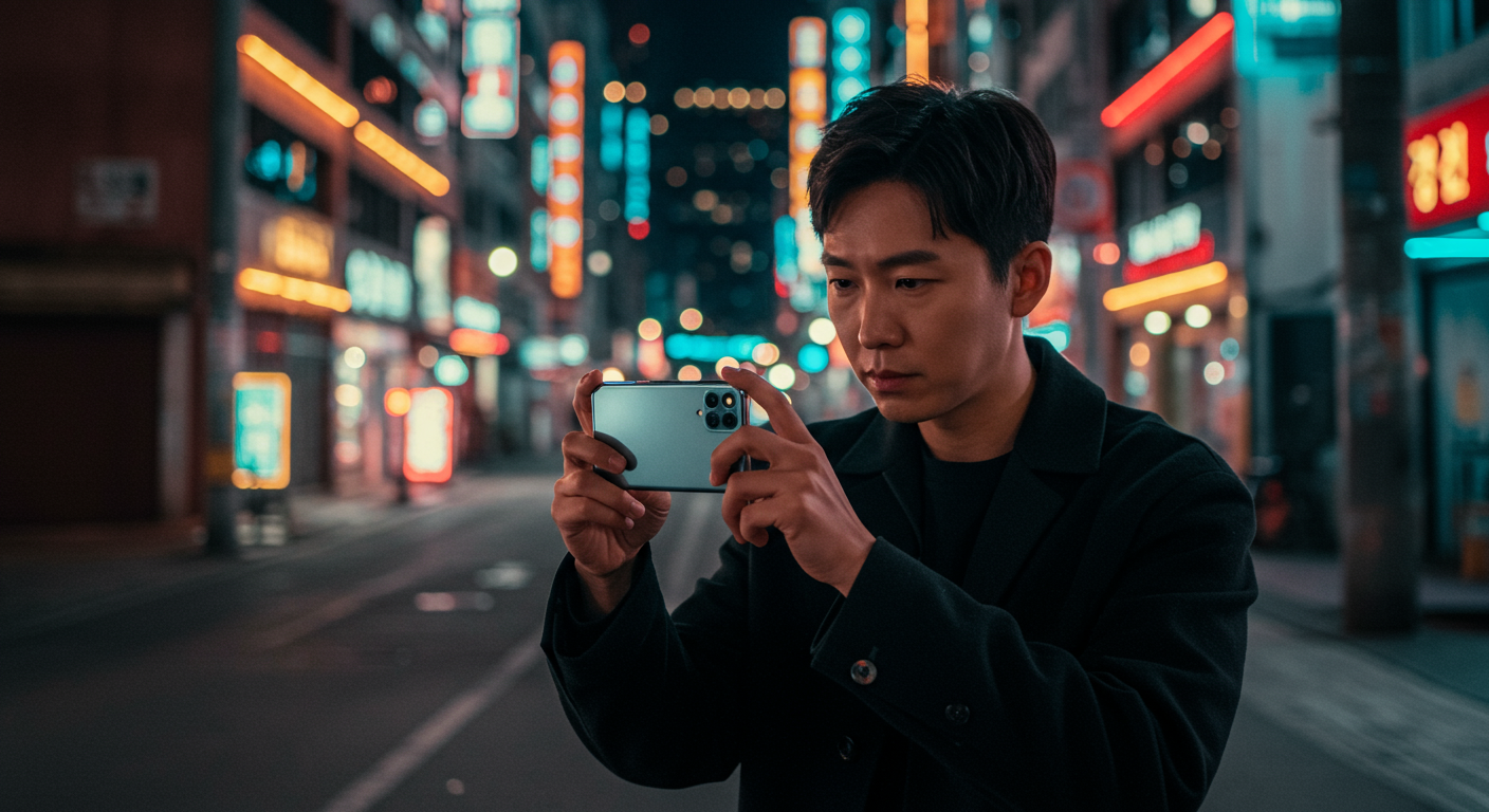 한국 사진작가가 밤 도시 풍경을 배경으로 갤럭시 S26 카메라를 테스트하는 장면