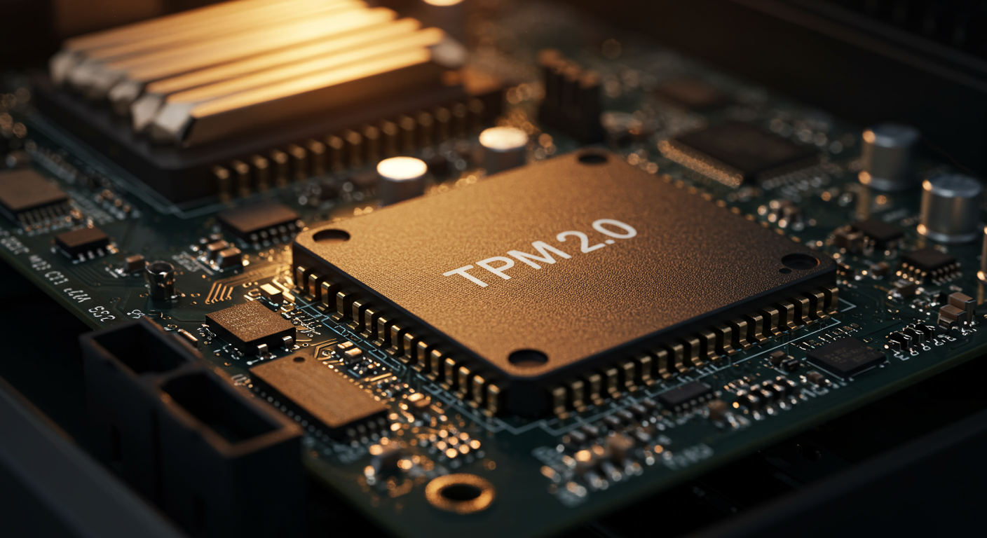 컴퓨터 케이스 내부의 메인보드에 장착된 TPM 2.0 마이크로칩 클로즈업