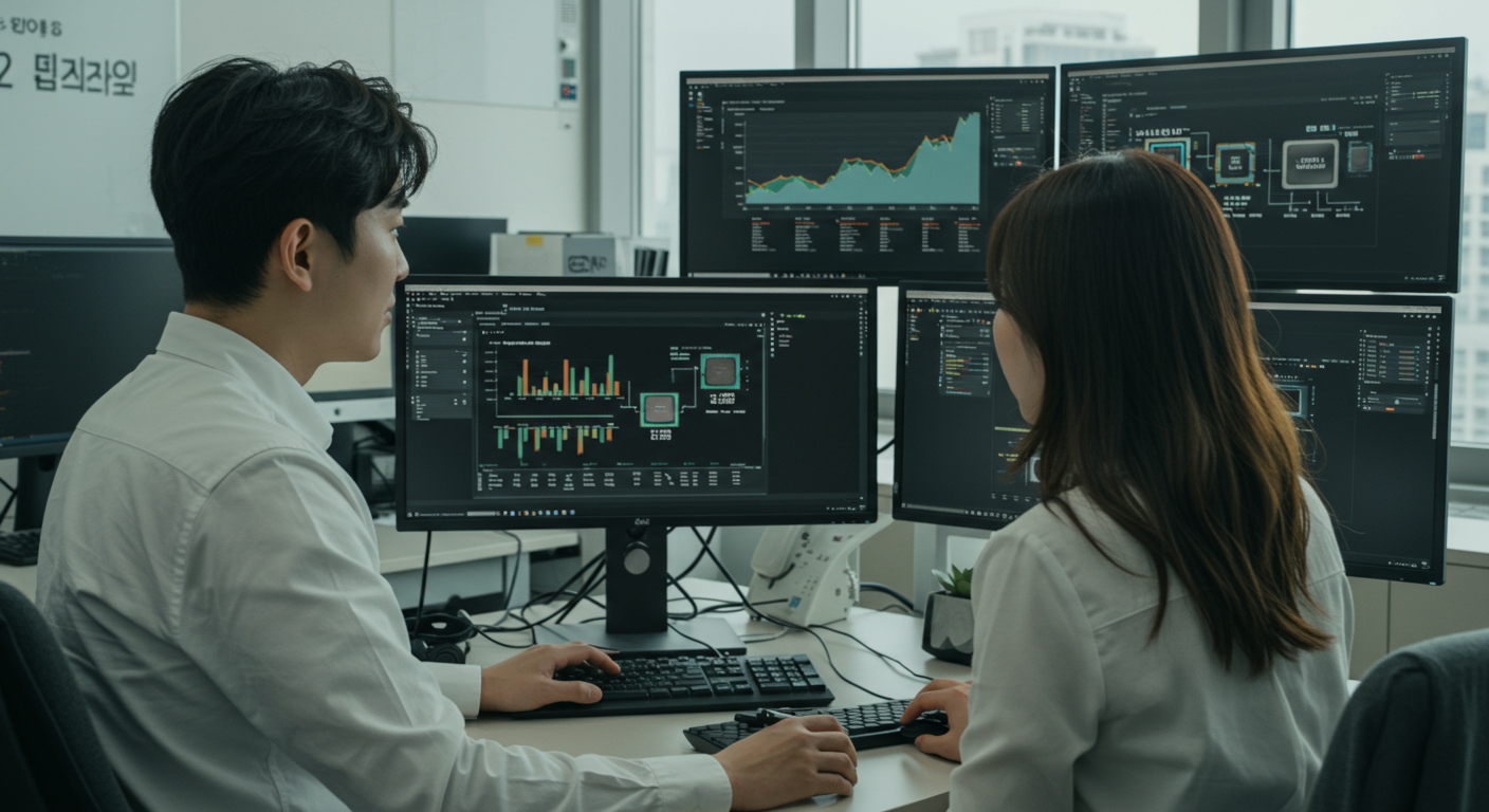 사무실 환경에서 인텔과 AMD 프로세서를 비교 중인 두 명의 한국 IT 전문가