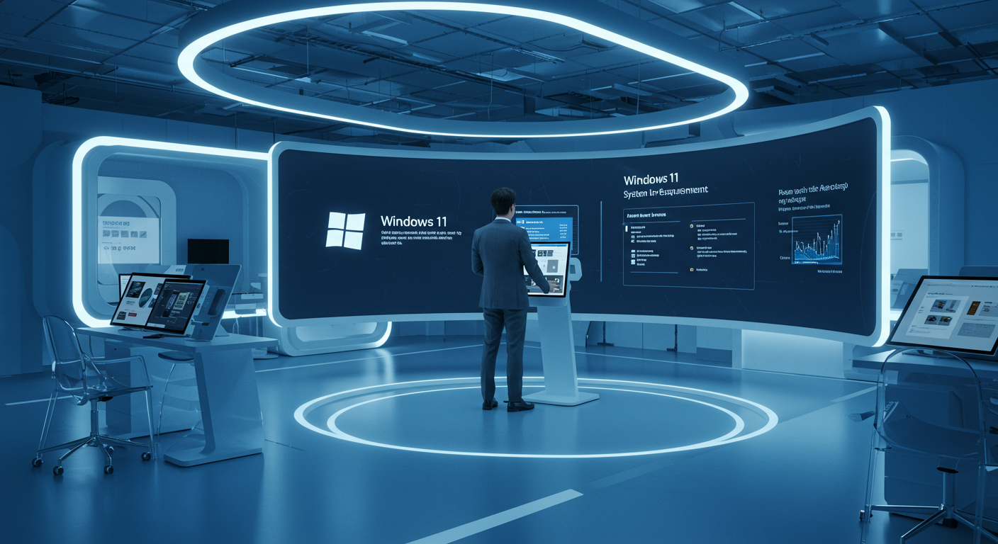 대형 디지털 화면에서 Windows 11 시스템 요구사항을 검토 중인 한국 비즈니스맨이 있는 미래 지향적인 사무실 공간