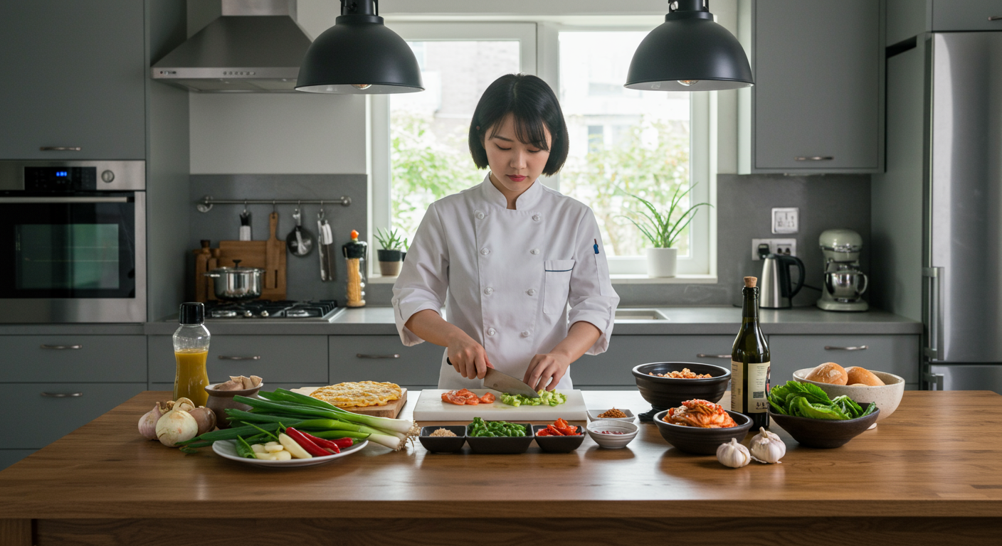 현대식 한국 주방에서 젊은 셰프가 빠르고 간편하게 파김치를 준비하는 장면