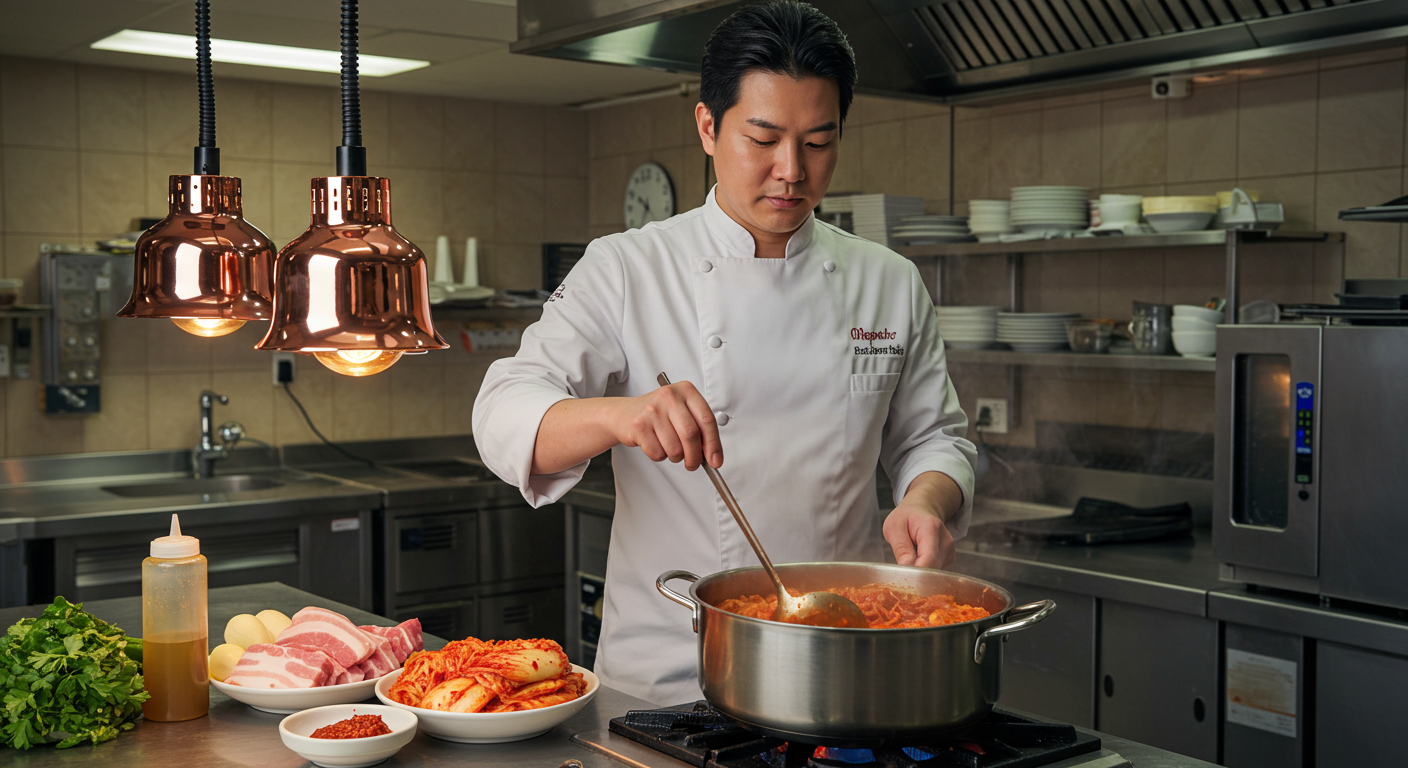 전문 주방에서 김치찌개를 준비하는 셰프의 모습과 재료들