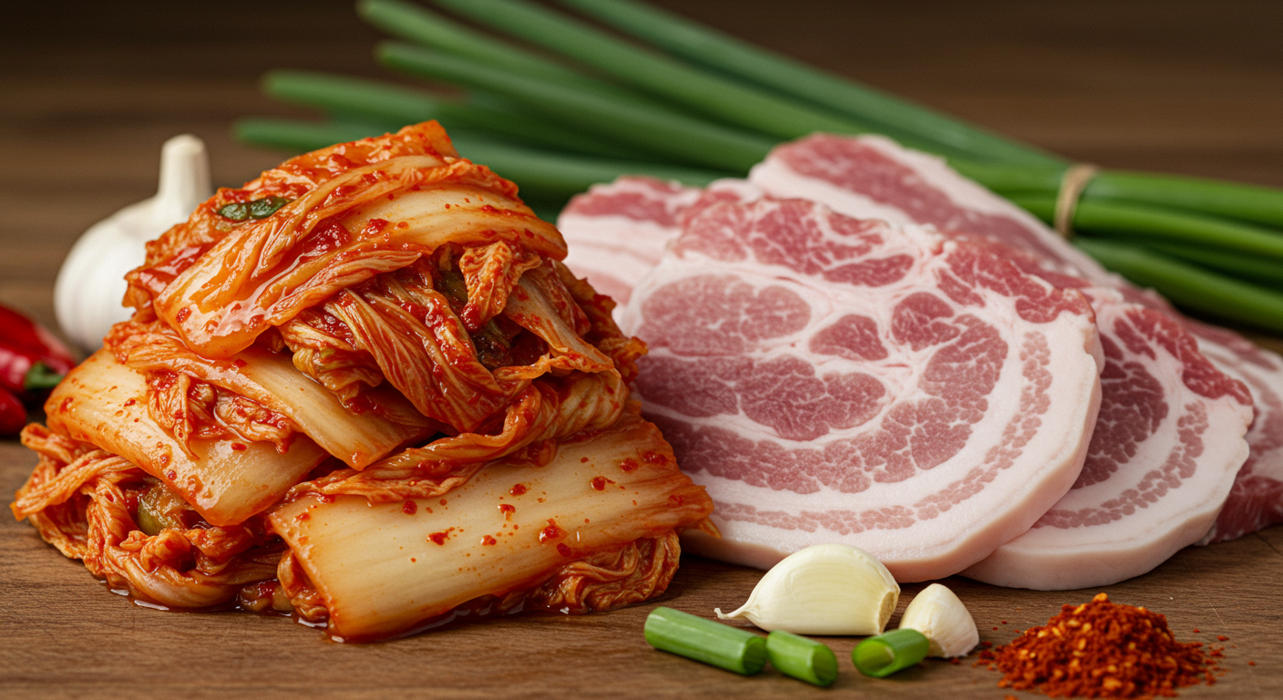 나무 테이블 위 신선한 김치찌개 재료 클로즈업