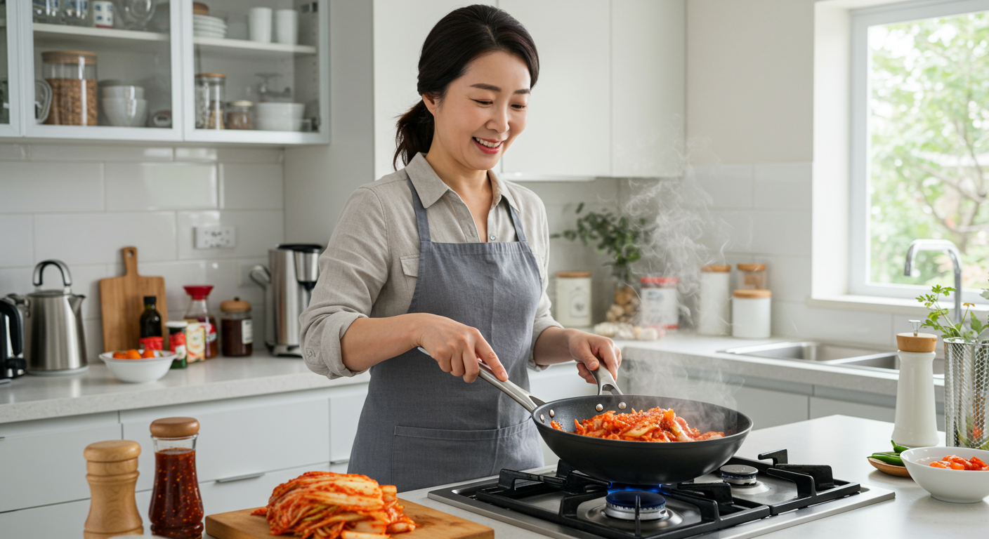 현대식 주방에서 참기름과 돼지고기를 함께 볶고 있는 요리사의 모습
