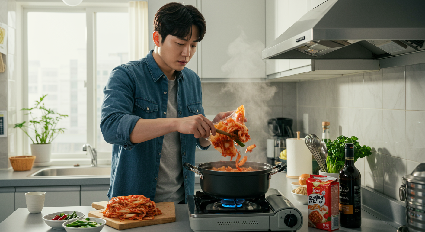 작은 아파트 주방에서 빠르게 김치찌개를 준비하는 직장인의 모습