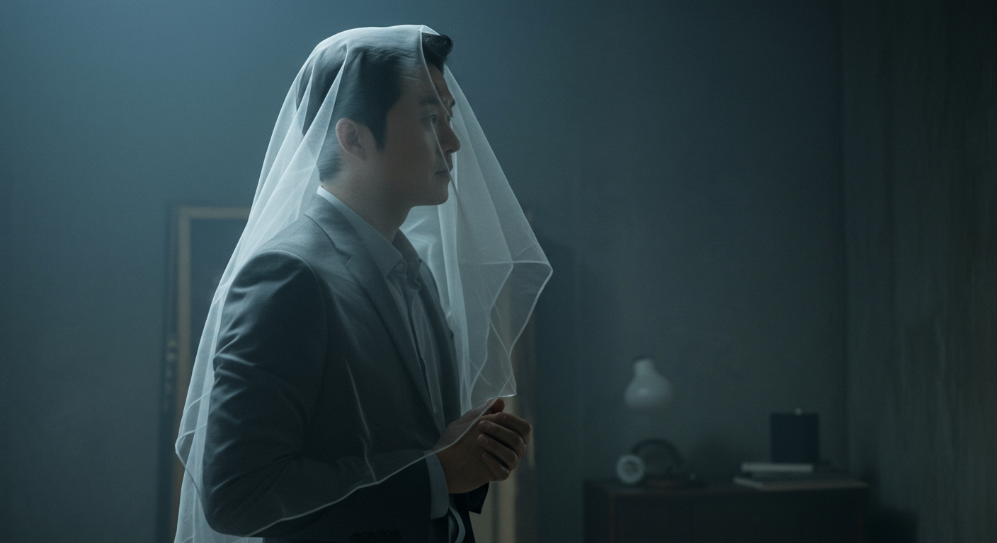 흐릿한 장막을 통해 삶을 성찰하는 분위기의 남성