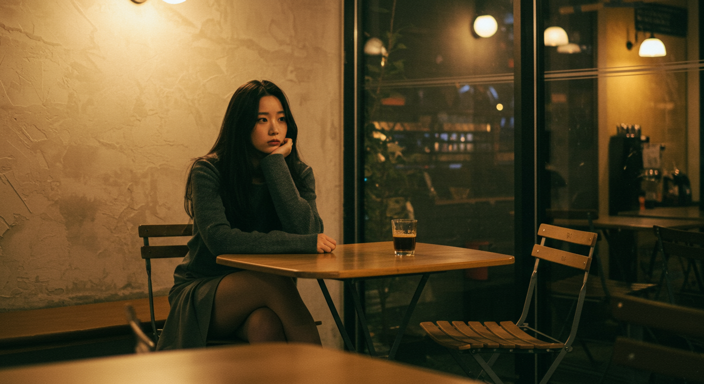 도시 카페에서 자신의 진정한 감정을 숨기고 있는 여성