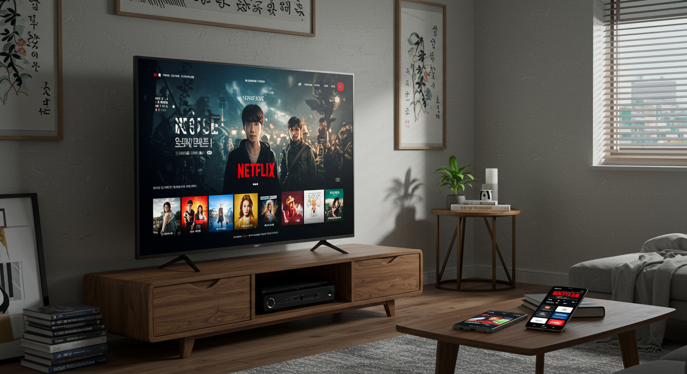 넷플릭스와 같은 OTT 플랫폼에서 노이즈 영화를 시청하는 거실 모습