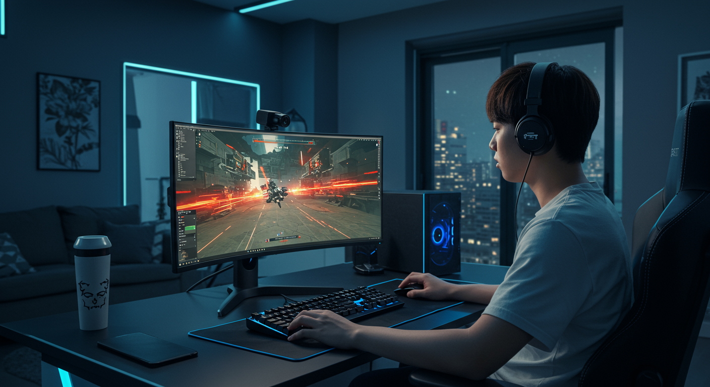 도심 속 현대적인 게임 환경에서 TFT를 즐기는 게이머