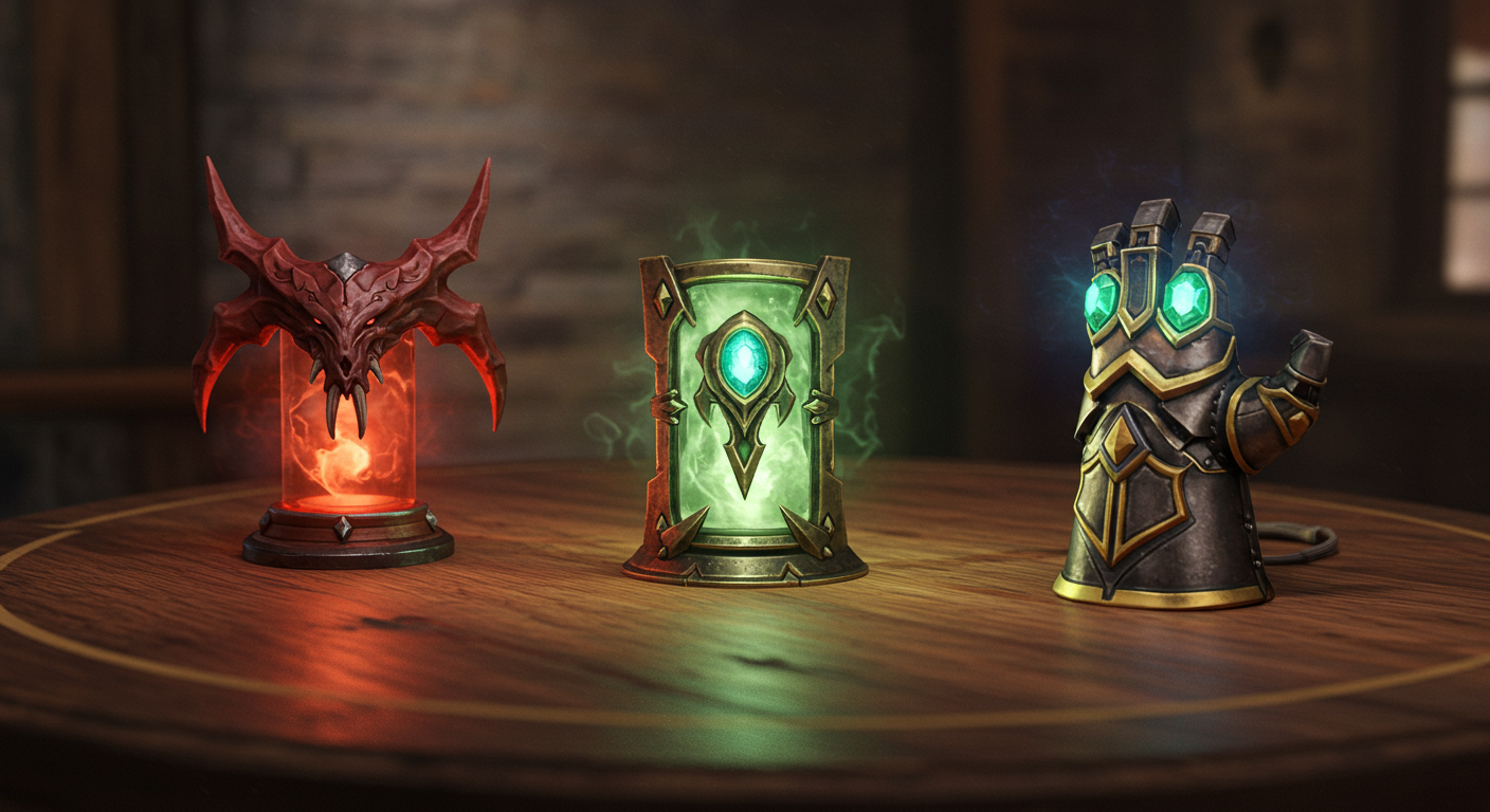 중요 아이템들이 강조된 가상의 게임 테이블 클로즈업