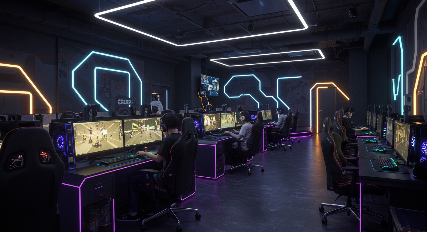 현대적인 PC게임 카페에서 게임에 몰입한 게이머들, 화려한 조명과 첨단 장비