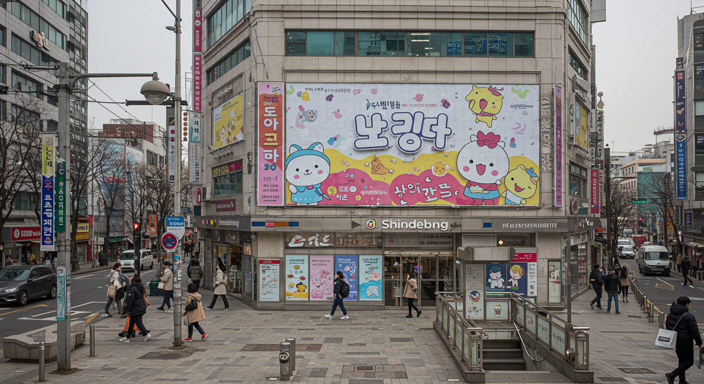 신대방 빌딩 외벽에 두치와뿌꾸 캐릭터가 그려진 간판, 주변 번화가와 지하철 입구