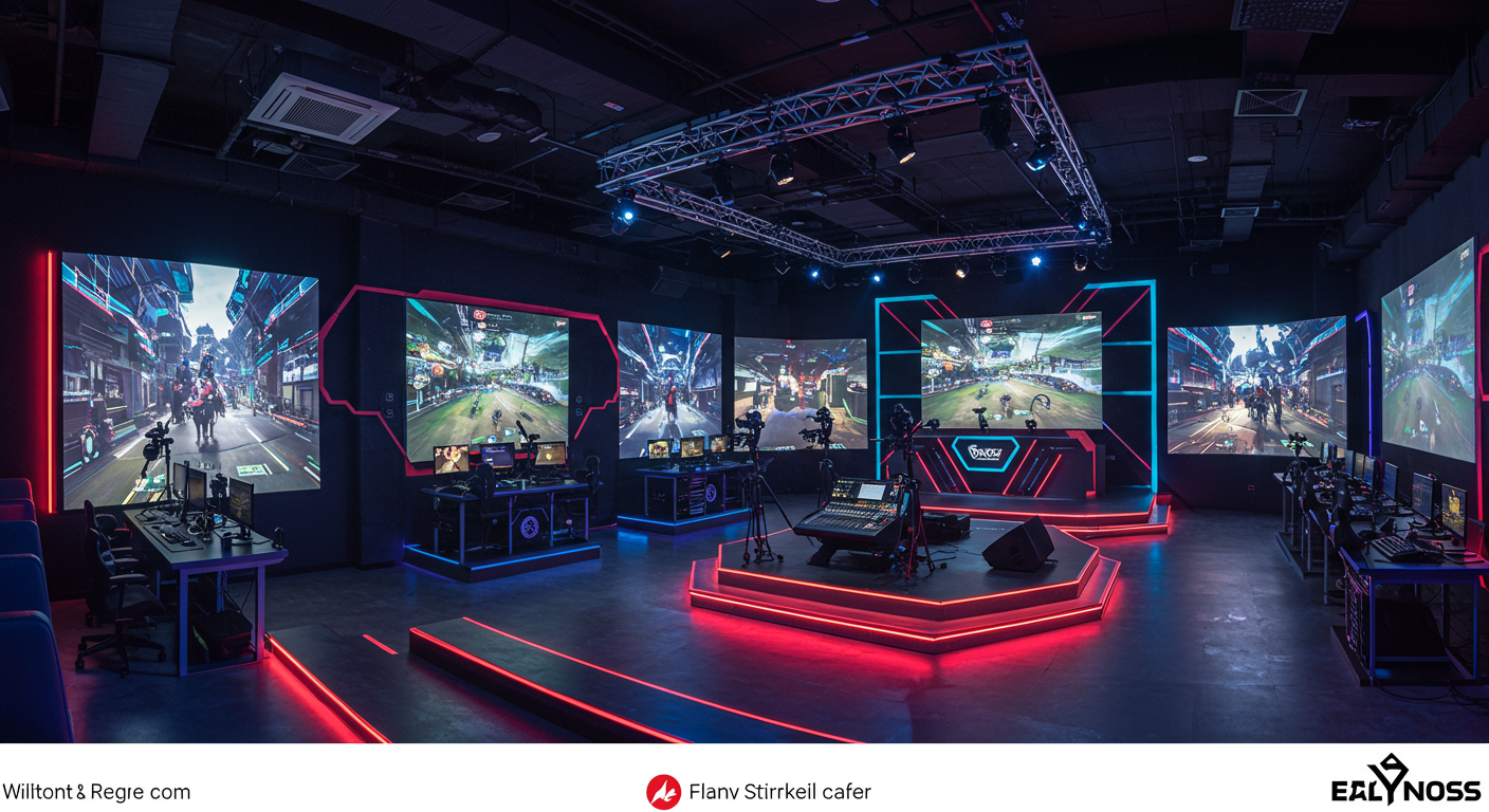 게임 콘텐츠를 상영하는 LED 벽과 무대 및 음향 장비가 갖춰진 스트리밍실 내부