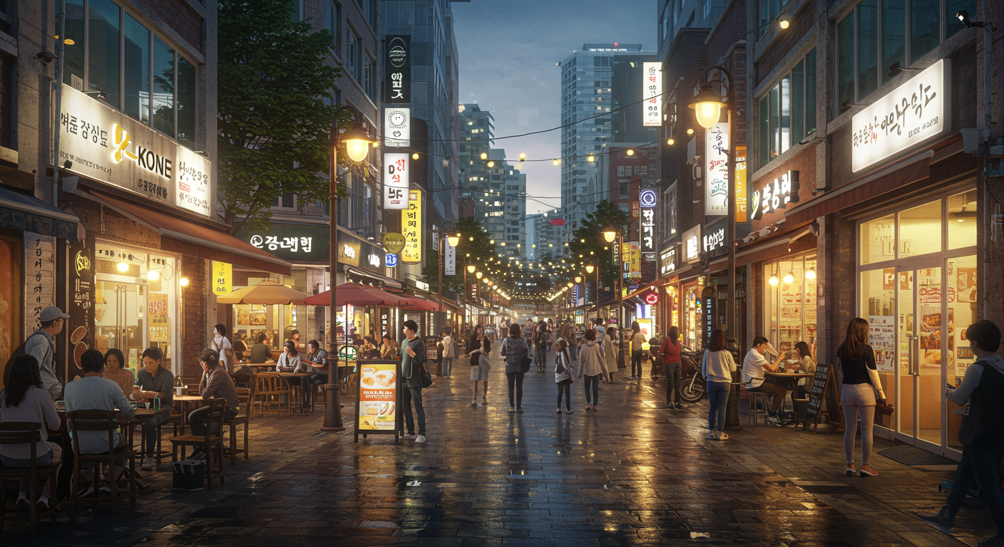 신대방역 근처 활기찬 도심 지역과 사람들이 북적이는 카페 및 식당들