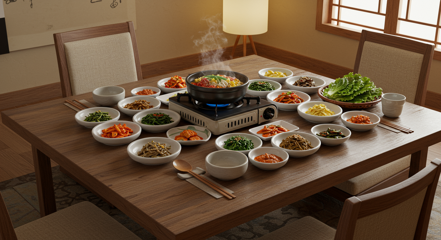 정갈하게 차려진 전통적인 한식 상차림과 우아한 분위기의 식당 내부