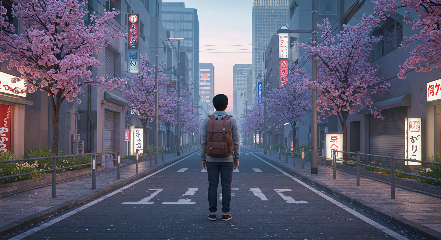 나고야의 현대적인 도시 풍경 속 고요한 거리를 걷는 배낭 여행객