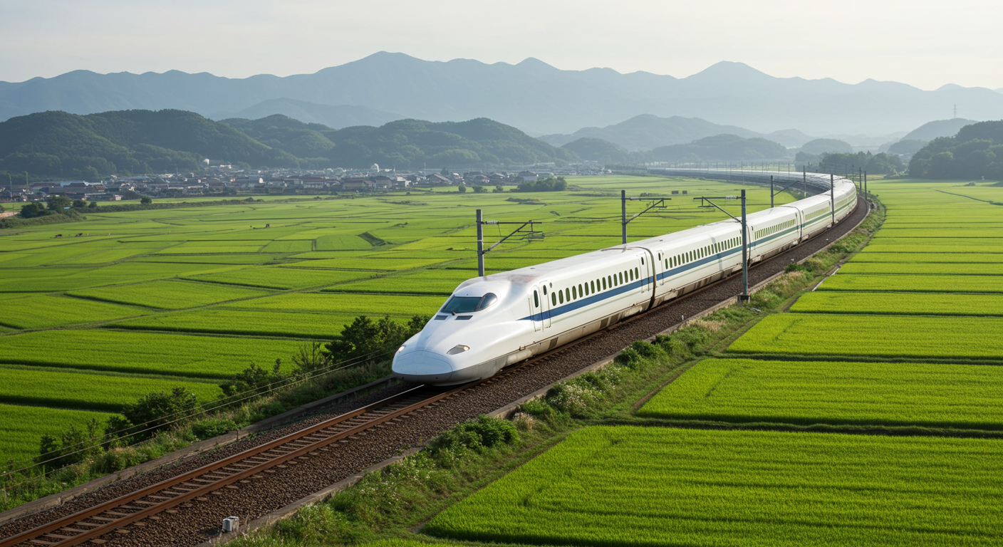 초록빛 자연과 먼 산을 배경으로 빠르게 지나가는 JR 신칸센 열차