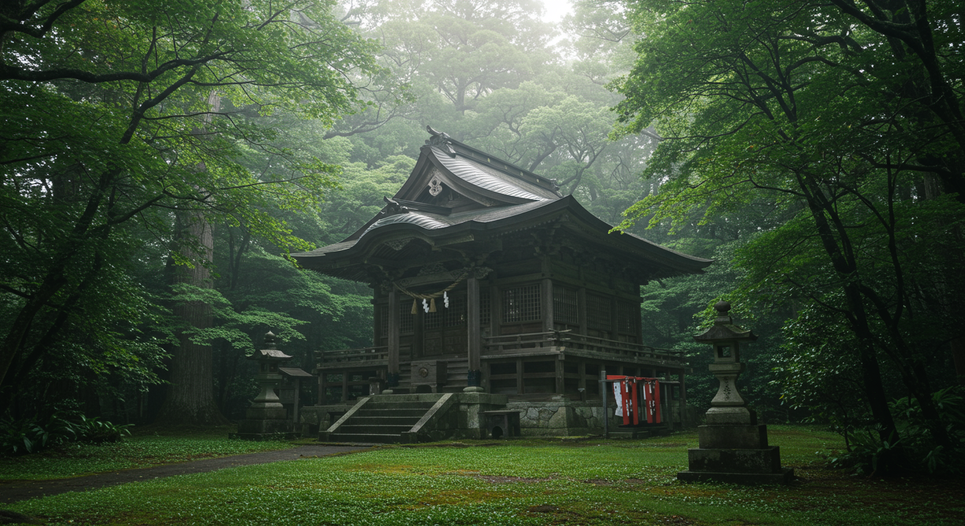 평화로운 아침 시간에 울창한 숲으로 둘러싸인 전통 일본 신사