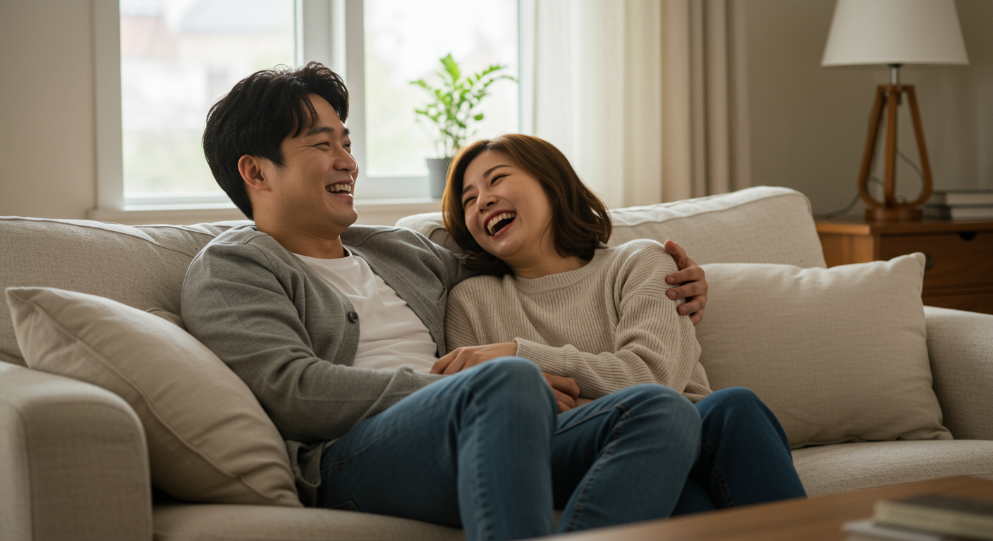 집 소파에서 함께 웃고 있는 젊은 한국 커플의 따뜻하고 즐거운 모습