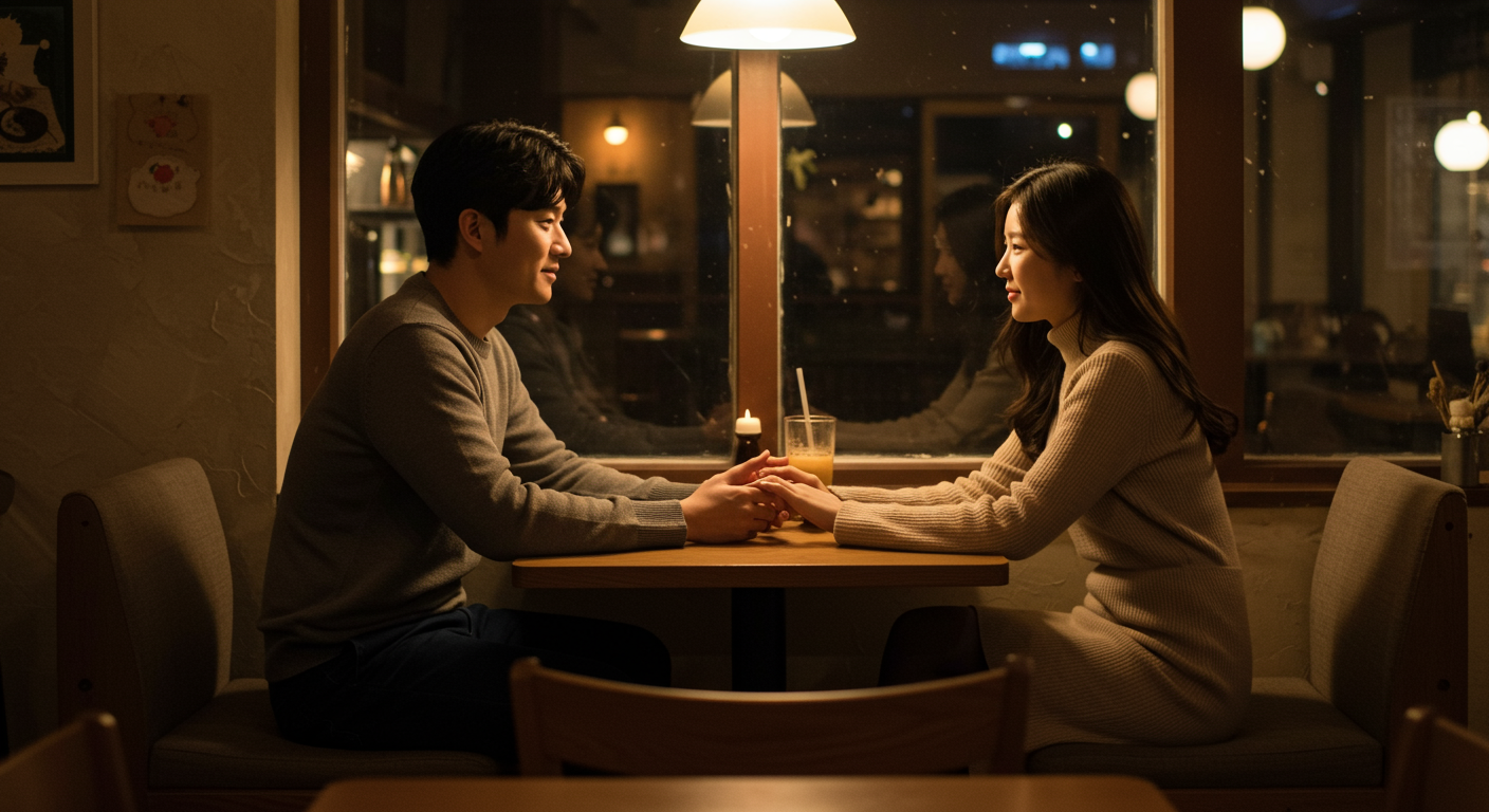 카페에서 따뜻한 분위기 속에 대화를 나누는 현대적 커플