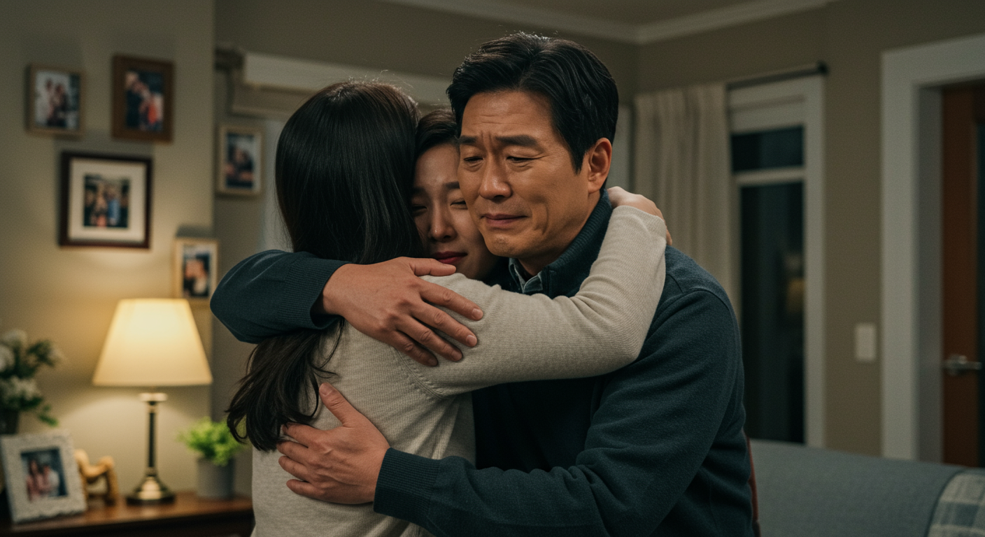 사랑과 성장을 테마로 한 한국 아버지가 자녀들과 화해하는 감동적인 장면
