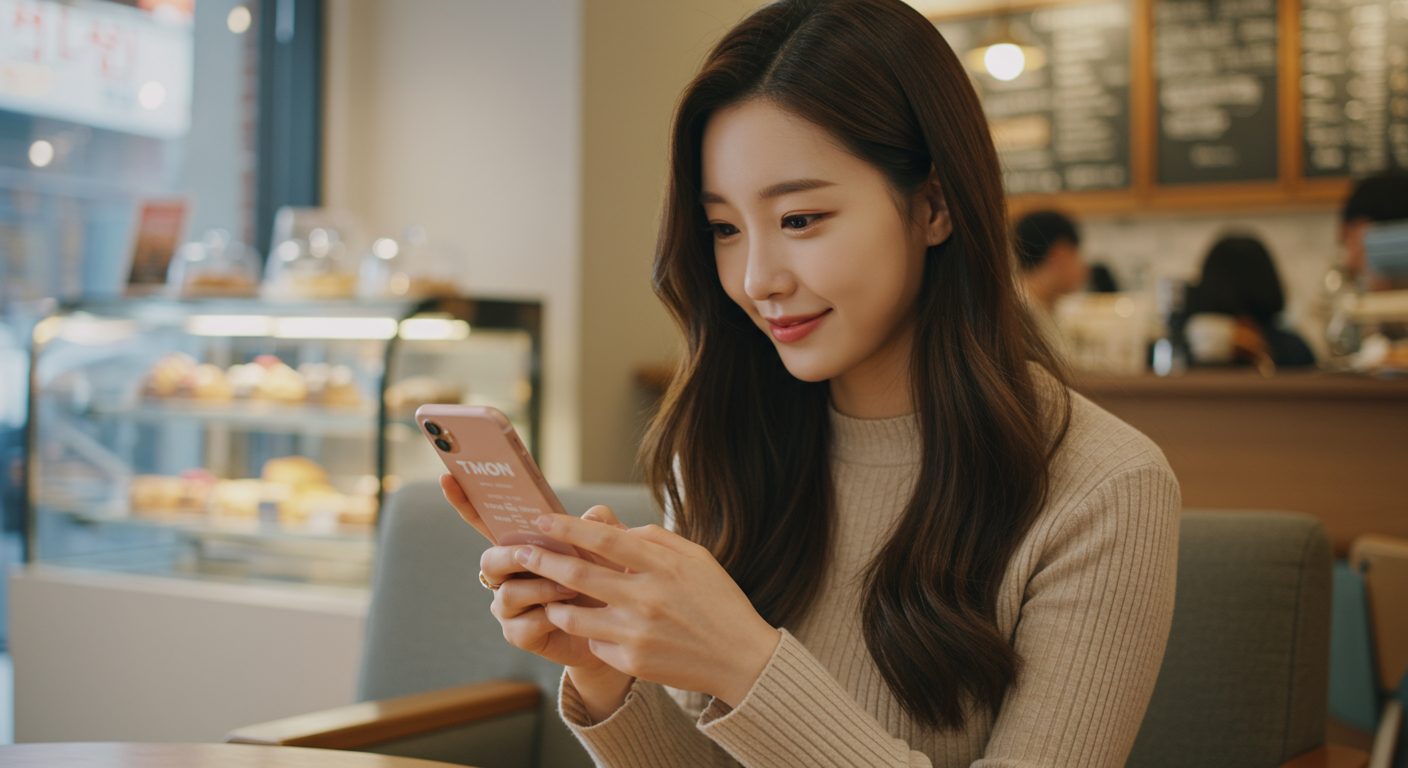 커피숍에서 스마트폰으로 티몬 앱을 사용해 할인가로 뮤지컬 티켓을 구매하는 여성