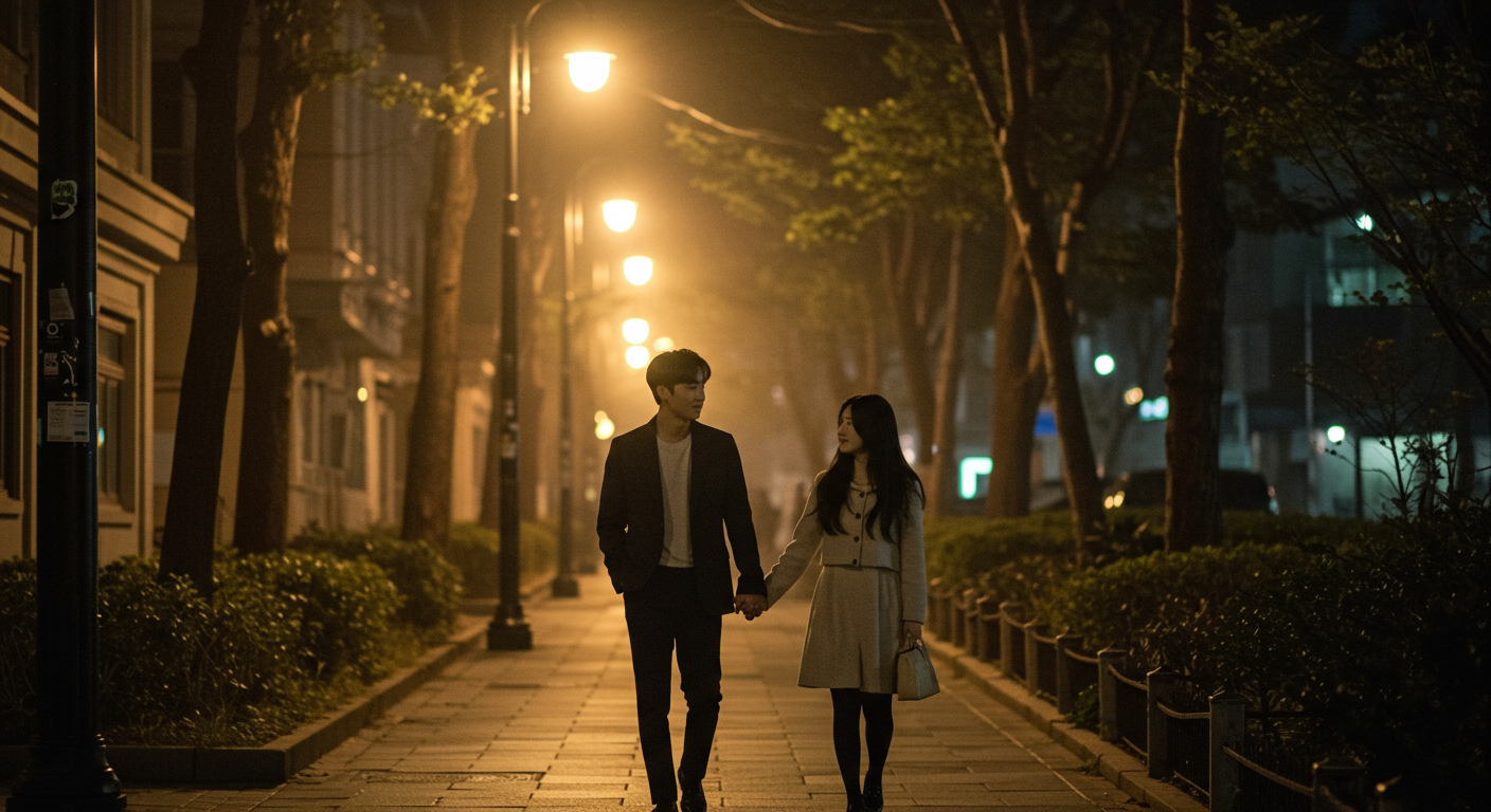 고요한 동네 거리에서 로맨틱한 분위기로 산책 중인 젊은 커플