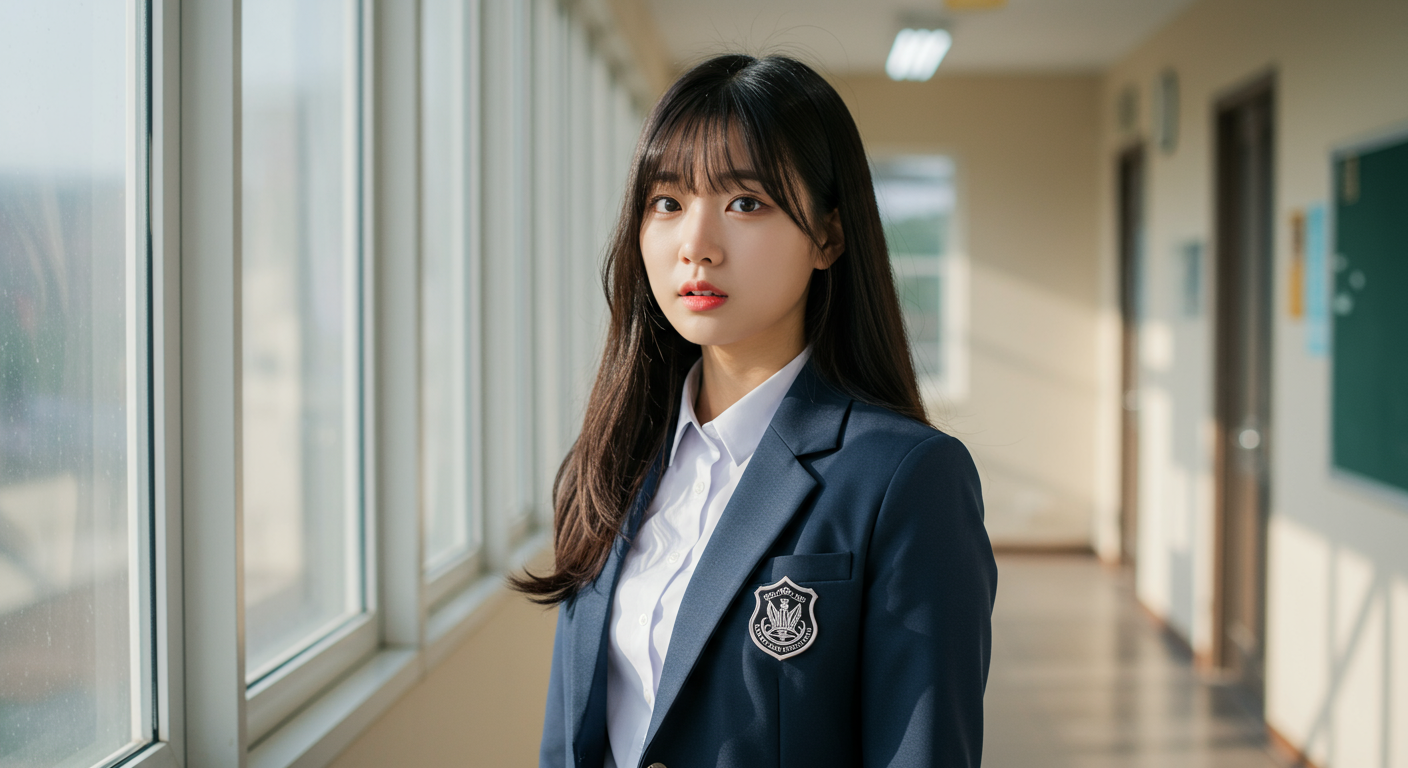 중고등학교 시절의 앞머리와 큰 눈을 가진 소녀