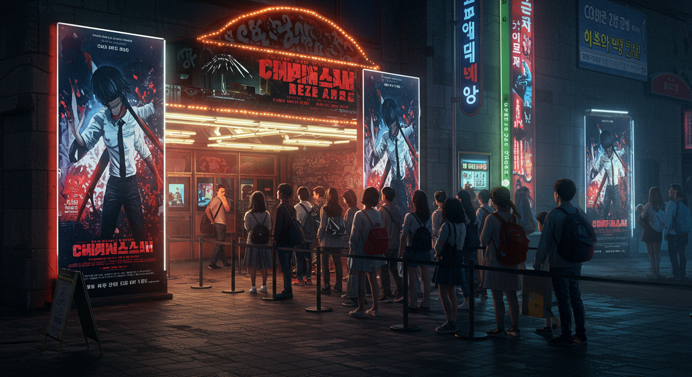 붐비는 영화관 입구에서 관람객들이 줄 서 있고, '체인소맨: 레제편' 포스터가 크게 걸려 있는 모습