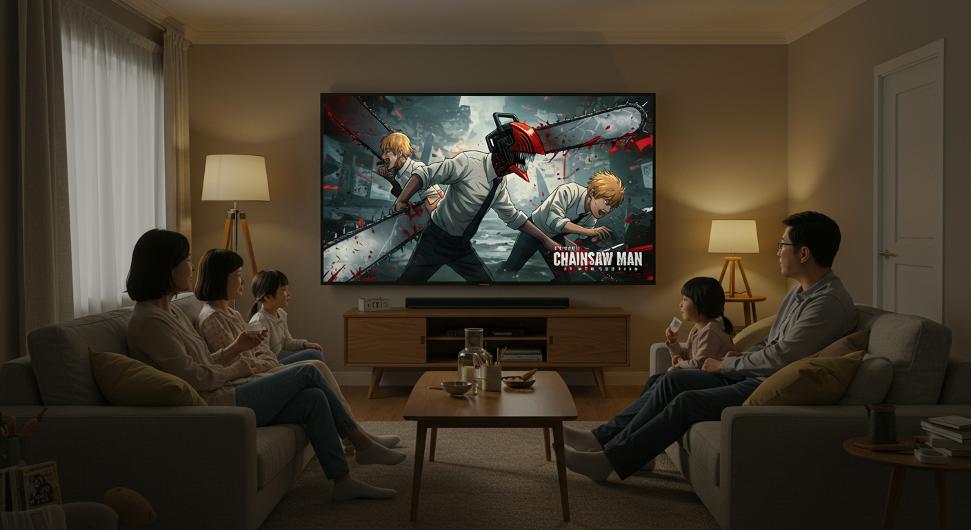 가족이 거실에서 큰 화면으로 '체인소맨' TV 애니메이션을 시청하는 장면