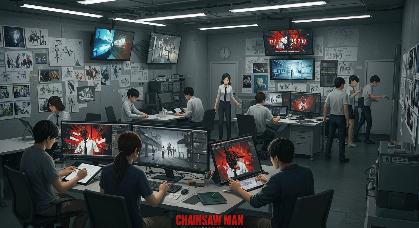 현대적 한국 애니메이션 스튜디오에서 '체인소맨' 후속작에 대한 회의를 하는 모습