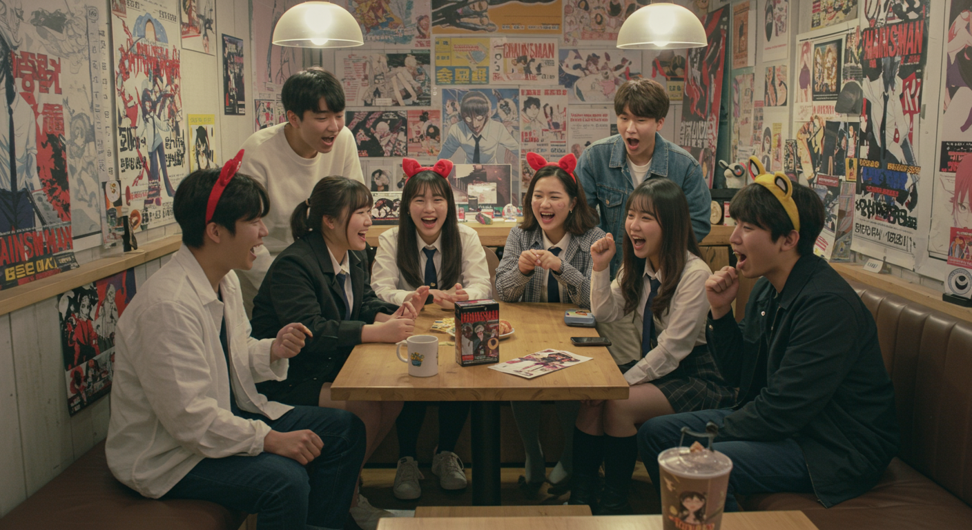 젊은 팬들이 카페에서 '체인소맨' 관련 굿즈와 장식을 보며 열띤 토론을 나누는 모습