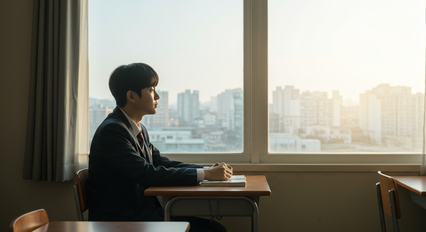창밖을 희망차게 바라보는 어린 소년이 학교 책상에 홀로 앉아 있는 모습