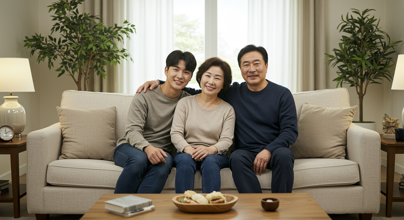 거실 소파에 앉아 있는 부모와 아들