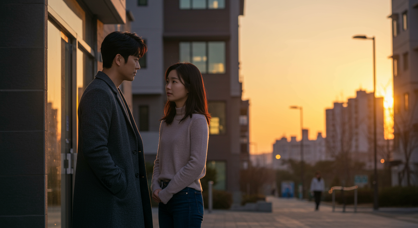도시 아파트 앞에서 대화 중인 부부